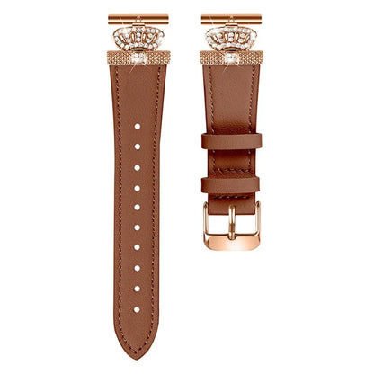 For GarminMove 3  /  Vivomove 3 Watchband Genuine Cow Leather Strap, Rose Gold Connector with Rhinestone Crown Decor