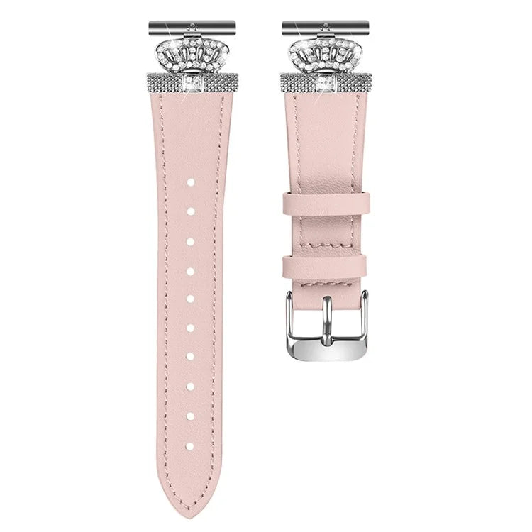For GarminMove 3  /  Vivomove 3 Watchband with Rhinestone Crown Decor Genuine Cow Leather Strap, Siver Connector