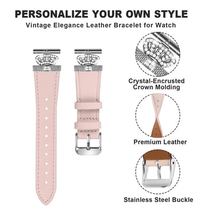 For GarminMove 3  /  Vivomove 3 Watchband with Rhinestone Crown Decor Genuine Cow Leather Strap, Siver Connector