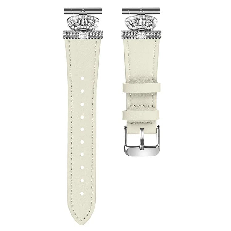 For GarminMove 3  /  Vivomove 3 Watchband with Rhinestone Crown Decor Genuine Cow Leather Strap, Siver Connector