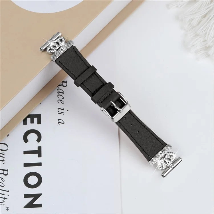 For GarminMove 3  /  Vivomove 3 Watchband with Rhinestone Crown Decor Genuine Cow Leather Strap, Siver Connector