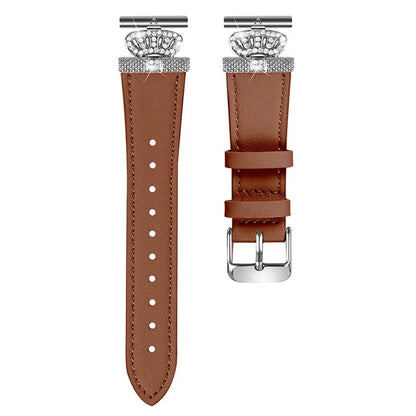 For GarminMove 3  /  Vivomove 3 Watchband with Rhinestone Crown Decor Genuine Cow Leather Strap, Siver Connector