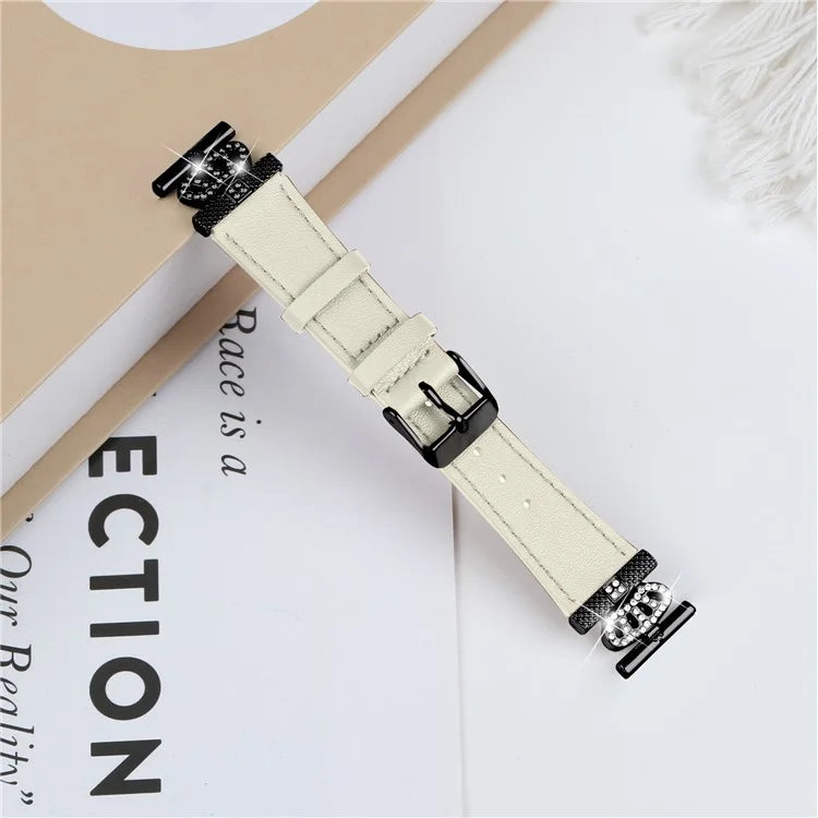 For GarminMove 3  /  Vivomove 3 Watchband with Black Connector Genuine Cow Leather Strap, Rhinestone Crown Decor