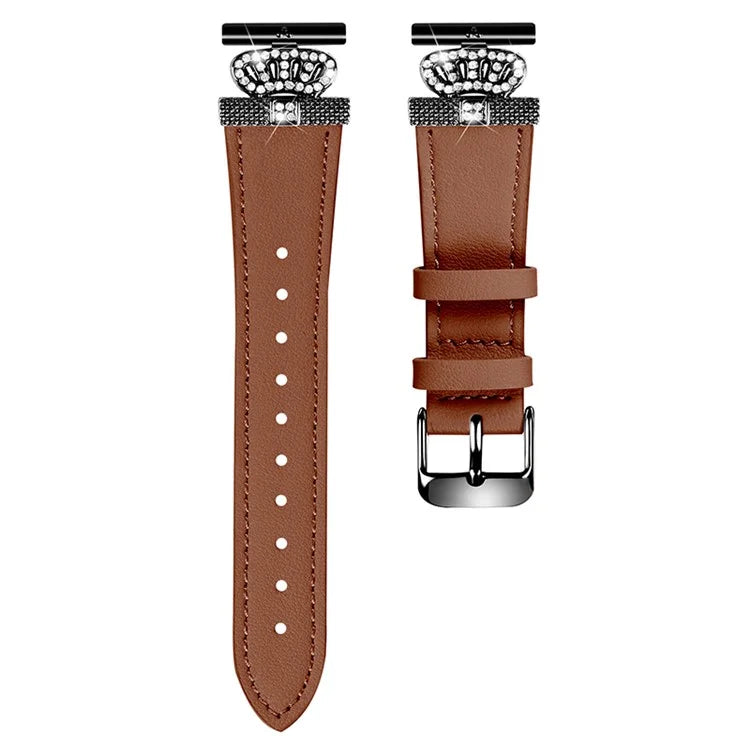 For GarminMove 3  /  Vivomove 3 Watchband with Black Connector Genuine Cow Leather Strap, Rhinestone Crown Decor