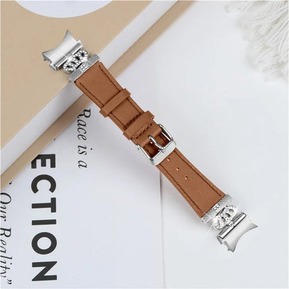 For Samsung Galaxy Watch6 40mm  /  44mm  /  Watch6 Classic 43mm  /  47mm Watchband with Silver Connector Genuine Cow Leather Strap