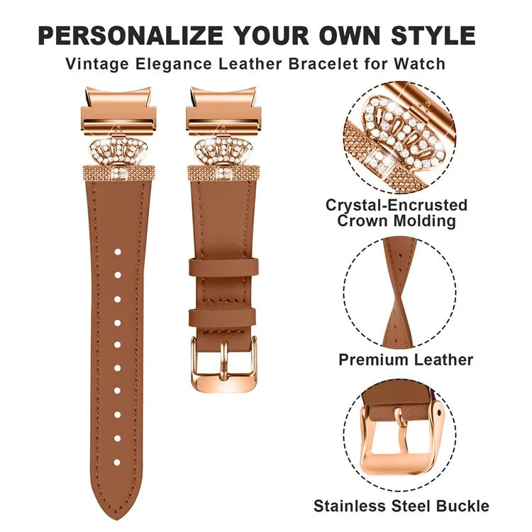 Smart Watch Strap for Samsung Galaxy Watch4 / Watch 5 Genuine Cow Leather Band (Rose Gold Buckle)