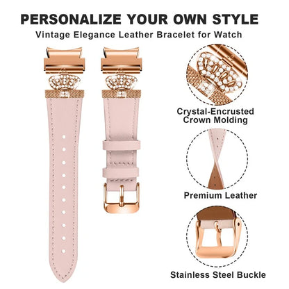 Smart Watch Strap for Samsung Galaxy Watch4 / Watch 5 Genuine Cow Leather Band (Rose Gold Buckle)