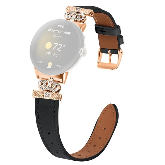 For Google Pixel Watch Rhinestone Genuine Cow Leather Wrist Band Strap (Rose Gold Buckle)