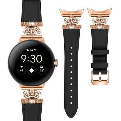 For Google Pixel Watch Rhinestone Genuine Cow Leather Wrist Band Strap (Rose Gold Buckle)