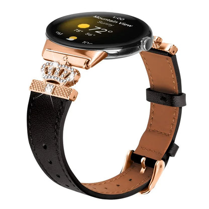For Google Pixel Watch Rhinestone Genuine Cow Leather Wrist Band Strap (Rose Gold Buckle)