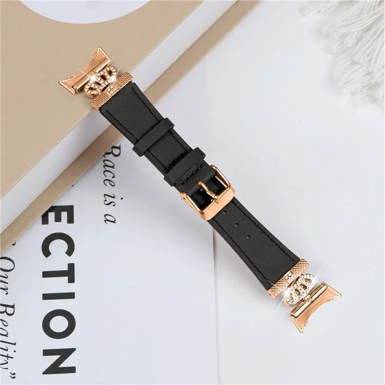 For Google Pixel Watch Rhinestone Genuine Cow Leather Wrist Band Strap (Rose Gold Buckle)
