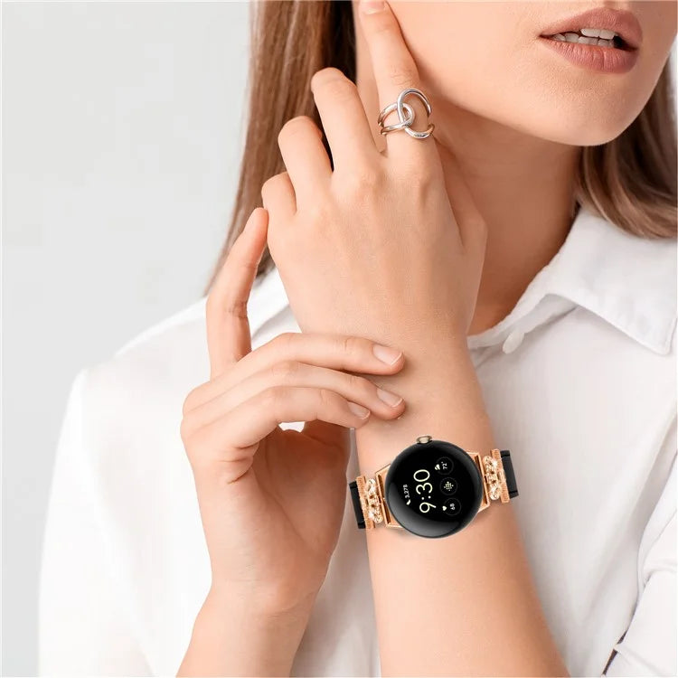 For Google Pixel Watch Rhinestone Genuine Cow Leather Wrist Band Strap (Rose Gold Buckle)