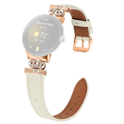 For Google Pixel Watch Rhinestone Genuine Cow Leather Wrist Band Strap (Rose Gold Buckle)