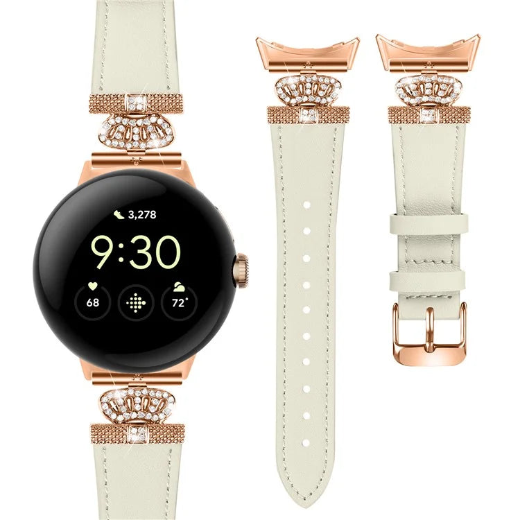 For Google Pixel Watch Rhinestone Genuine Cow Leather Wrist Band Strap (Rose Gold Buckle)