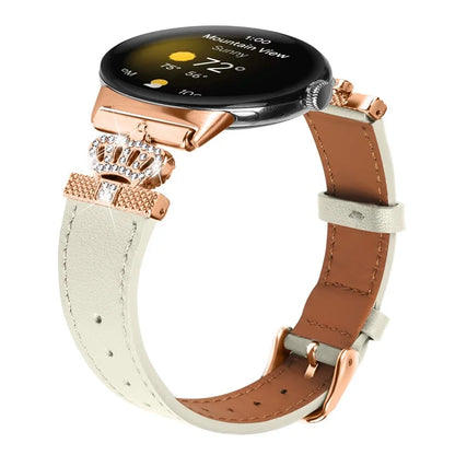 For Google Pixel Watch Rhinestone Genuine Cow Leather Wrist Band Strap (Rose Gold Buckle)