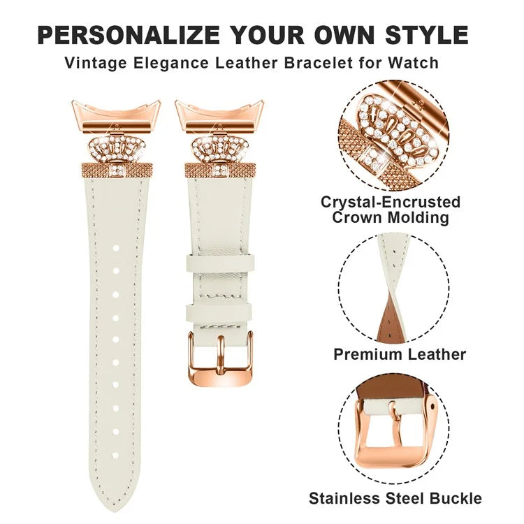 For Google Pixel Watch Rhinestone Genuine Cow Leather Wrist Band Strap (Rose Gold Buckle)