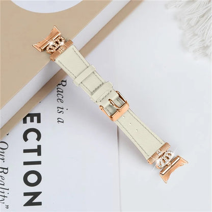 For Google Pixel Watch Rhinestone Genuine Cow Leather Wrist Band Strap (Rose Gold Buckle)