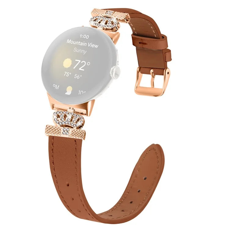 For Google Pixel Watch Rhinestone Genuine Cow Leather Wrist Band Strap (Rose Gold Buckle)