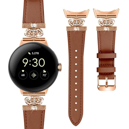 For Google Pixel Watch Rhinestone Genuine Cow Leather Wrist Band Strap (Rose Gold Buckle)