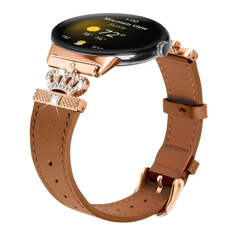 For Google Pixel Watch Rhinestone Genuine Cow Leather Wrist Band Strap (Rose Gold Buckle)