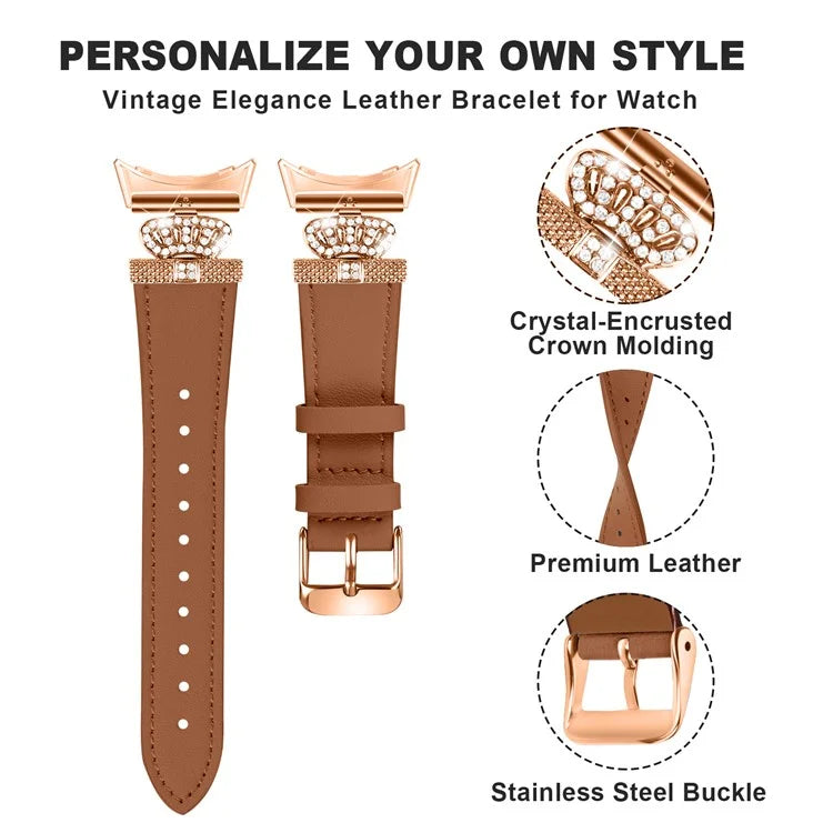 For Google Pixel Watch Rhinestone Genuine Cow Leather Wrist Band Strap (Rose Gold Buckle)