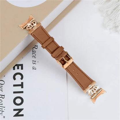 For Google Pixel Watch Rhinestone Genuine Cow Leather Wrist Band Strap (Rose Gold Buckle)