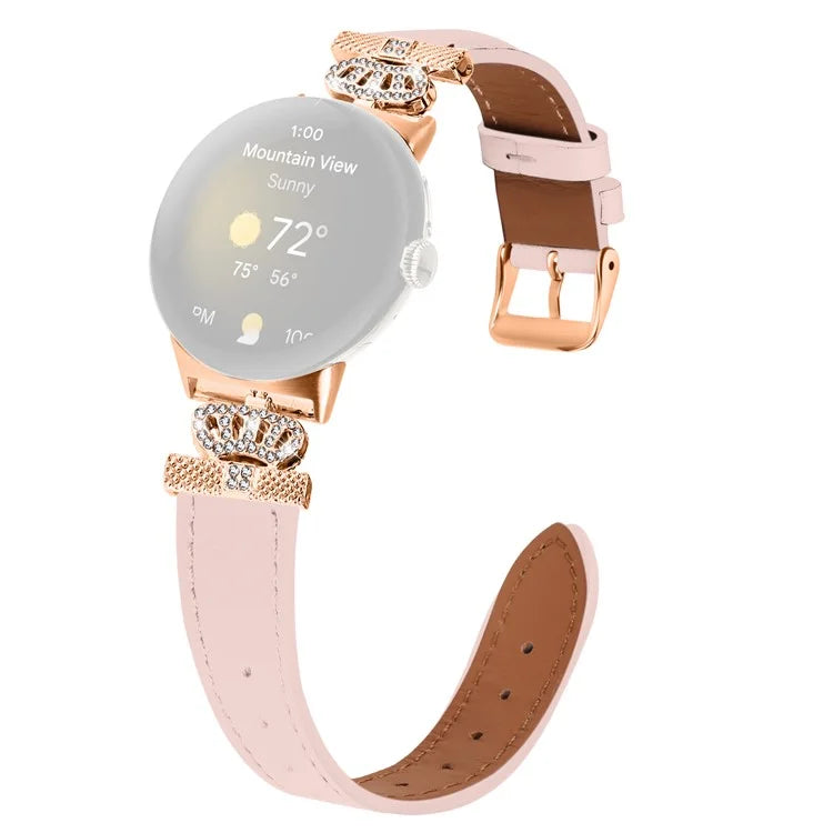 For Google Pixel Watch Rhinestone Genuine Cow Leather Wrist Band Strap (Rose Gold Buckle)