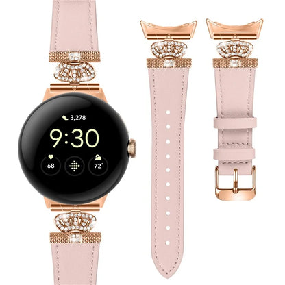 For Google Pixel Watch Rhinestone Genuine Cow Leather Wrist Band Strap (Rose Gold Buckle)