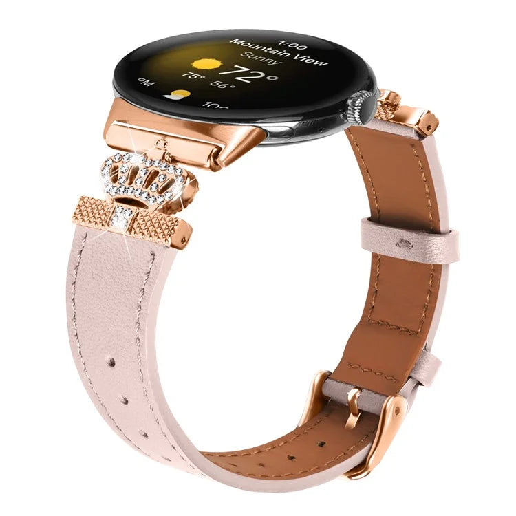 For Google Pixel Watch Rhinestone Genuine Cow Leather Wrist Band Strap (Rose Gold Buckle)