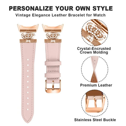 For Google Pixel Watch Rhinestone Genuine Cow Leather Wrist Band Strap (Rose Gold Buckle)