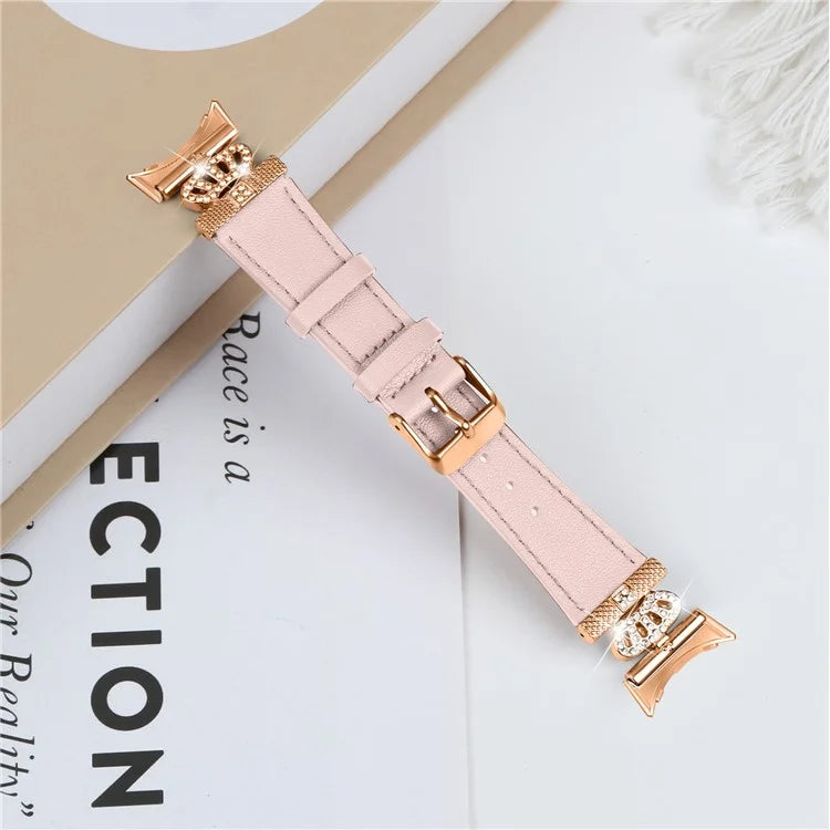 For Google Pixel Watch Rhinestone Genuine Cow Leather Wrist Band Strap (Rose Gold Buckle)