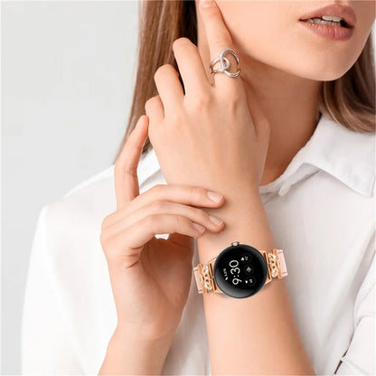 For Google Pixel Watch Rhinestone Genuine Cow Leather Wrist Band Strap (Rose Gold Buckle)