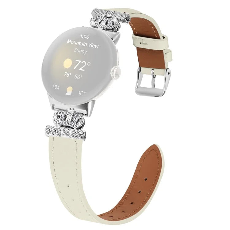 For Google Pixel Watch Soft Genuine Cow Leather Wrist Band Rhinestone Watch Strap (Silver Buckle)