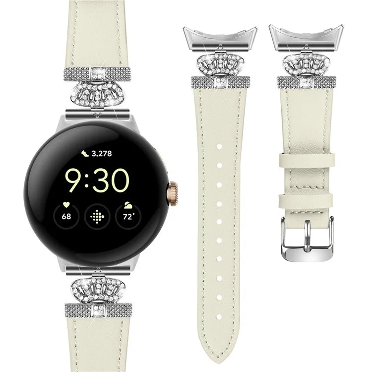 For Google Pixel Watch Soft Genuine Cow Leather Wrist Band Rhinestone Watch Strap (Silver Buckle)