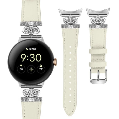 For Google Pixel Watch Soft Genuine Cow Leather Wrist Band Rhinestone Watch Strap (Silver Buckle)