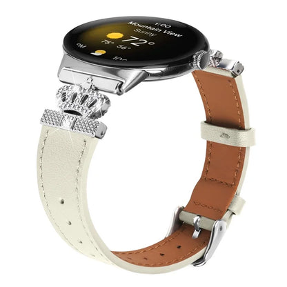 For Google Pixel Watch Soft Genuine Cow Leather Wrist Band Rhinestone Watch Strap (Silver Buckle)