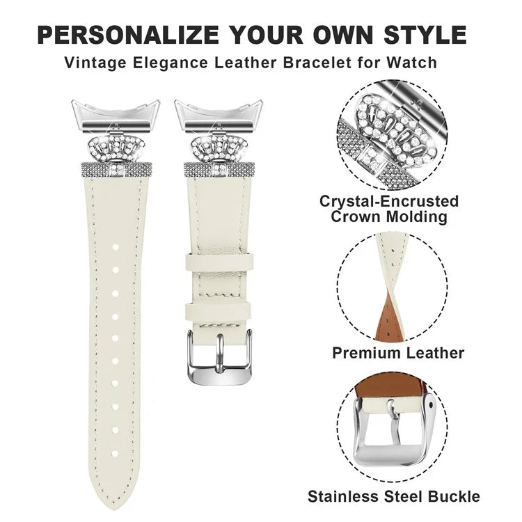 For Google Pixel Watch Soft Genuine Cow Leather Wrist Band Rhinestone Watch Strap (Silver Buckle)