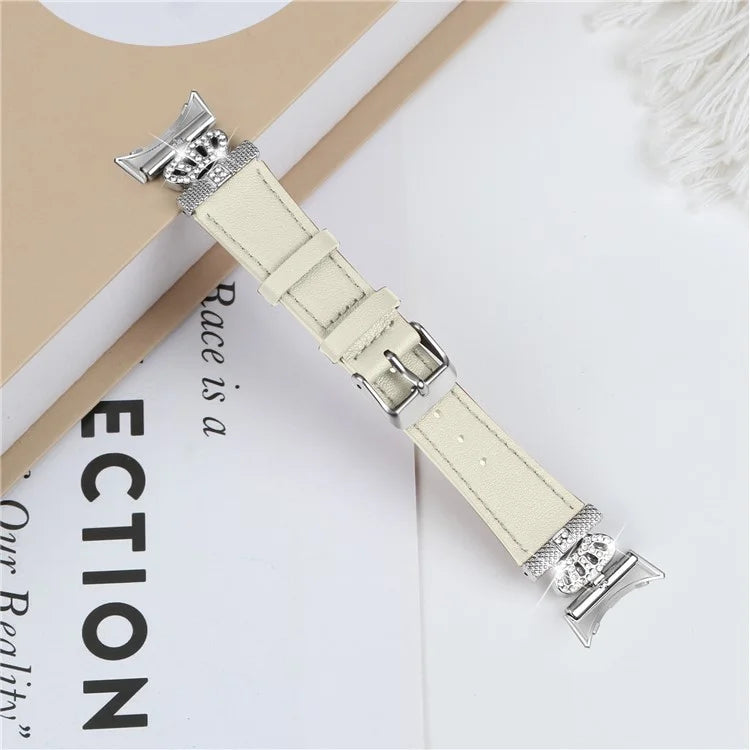 For Google Pixel Watch Soft Genuine Cow Leather Wrist Band Rhinestone Watch Strap (Silver Buckle)