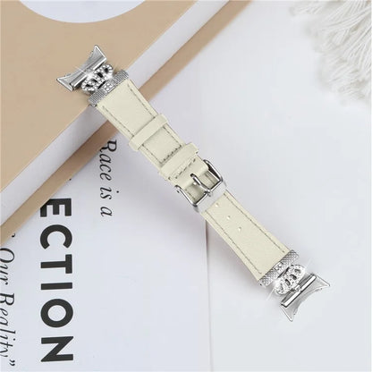 For Google Pixel Watch Soft Genuine Cow Leather Wrist Band Rhinestone Watch Strap (Silver Buckle)