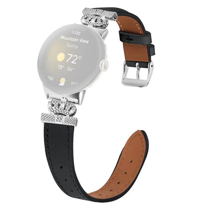For Google Pixel Watch Soft Genuine Cow Leather Wrist Band Rhinestone Watch Strap (Silver Buckle)
