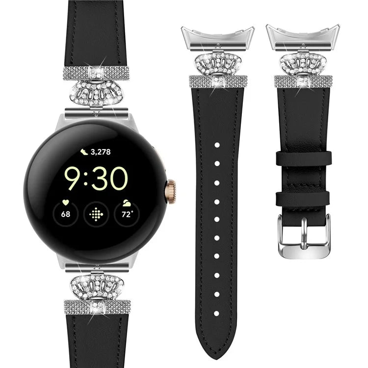 For Google Pixel Watch Soft Genuine Cow Leather Wrist Band Rhinestone Watch Strap (Silver Buckle)