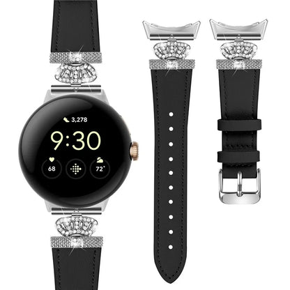 For Google Pixel Watch Soft Genuine Cow Leather Wrist Band Rhinestone Watch Strap (Silver Buckle)