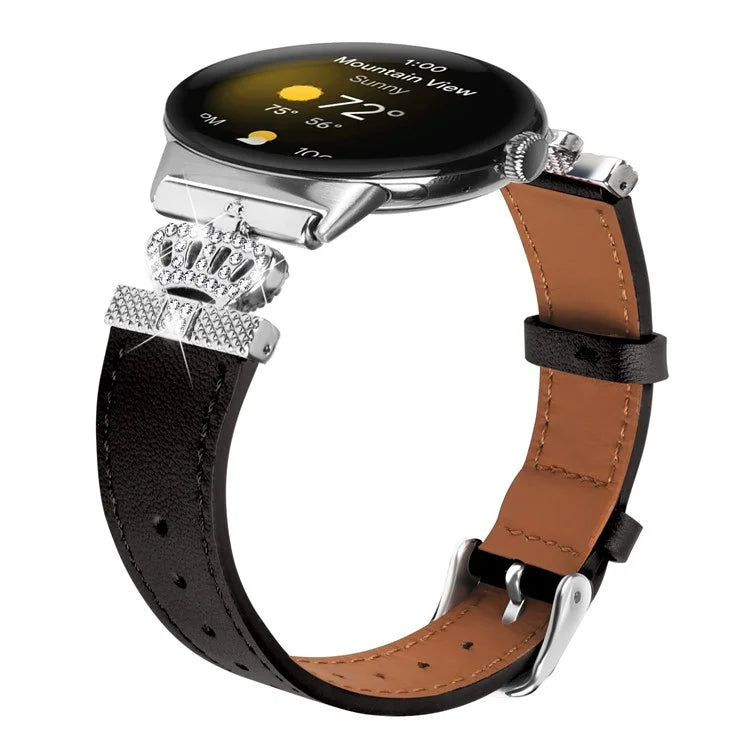 For Google Pixel Watch Soft Genuine Cow Leather Wrist Band Rhinestone Watch Strap (Silver Buckle)