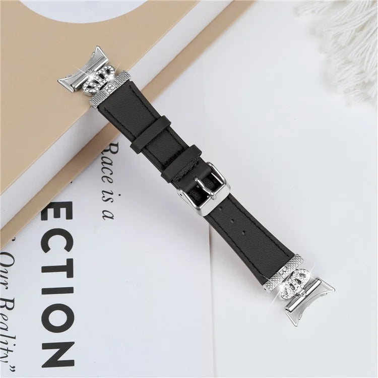 For Google Pixel Watch Soft Genuine Cow Leather Wrist Band Rhinestone Watch Strap (Silver Buckle)