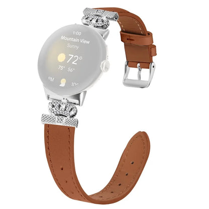 For Google Pixel Watch Soft Genuine Cow Leather Wrist Band Rhinestone Watch Strap (Silver Buckle)