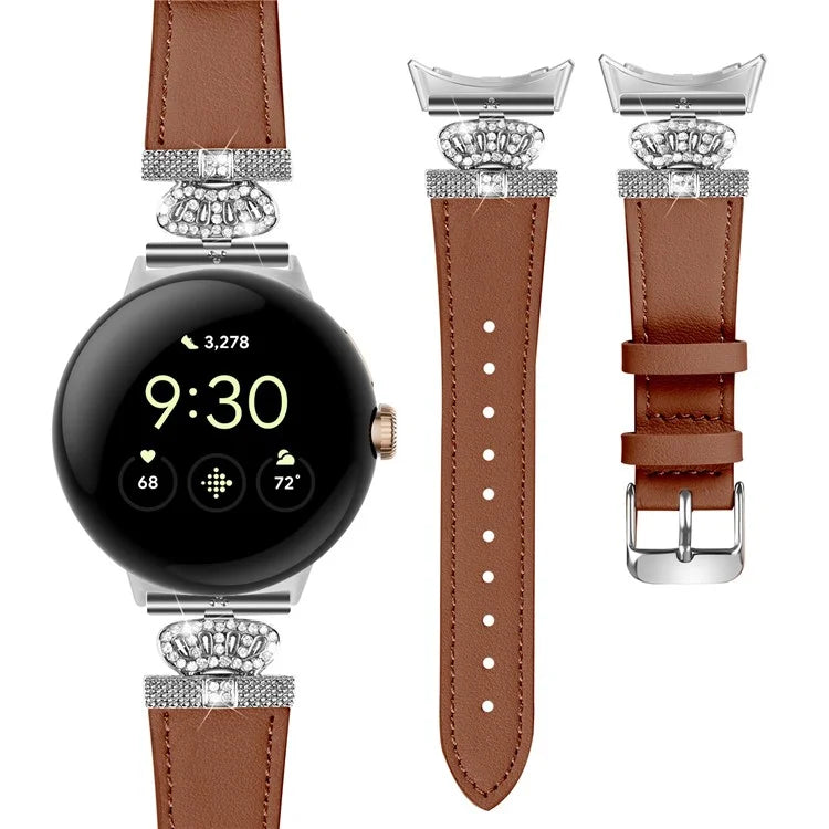 For Google Pixel Watch Soft Genuine Cow Leather Wrist Band Rhinestone Watch Strap (Silver Buckle)