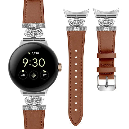 For Google Pixel Watch Soft Genuine Cow Leather Wrist Band Rhinestone Watch Strap (Silver Buckle)
