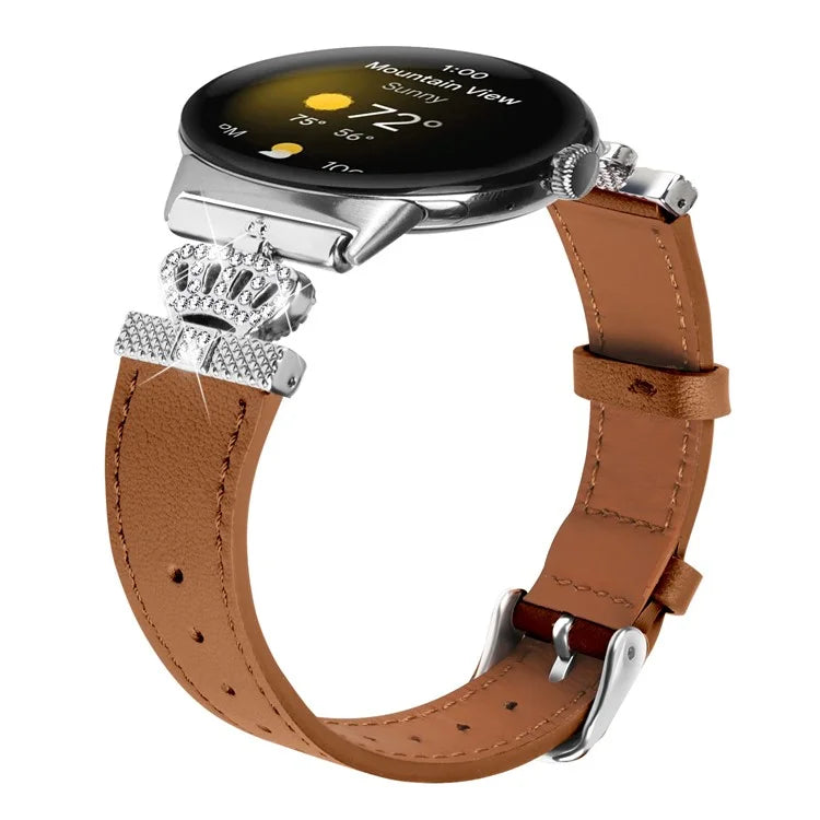 For Google Pixel Watch Soft Genuine Cow Leather Wrist Band Rhinestone Watch Strap (Silver Buckle)