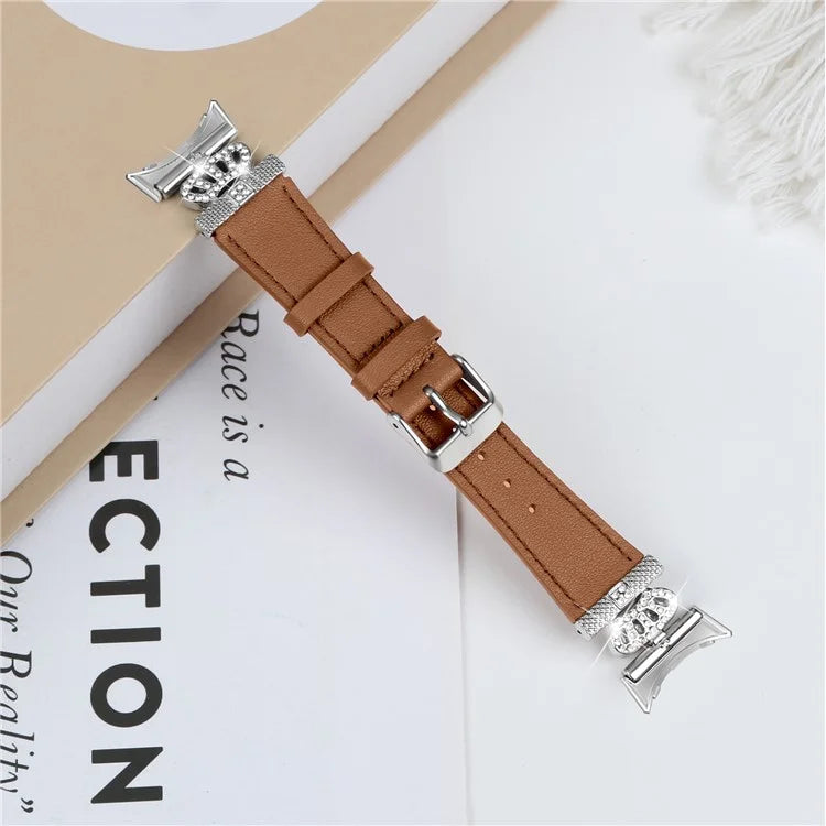 For Google Pixel Watch Soft Genuine Cow Leather Wrist Band Rhinestone Watch Strap (Silver Buckle)