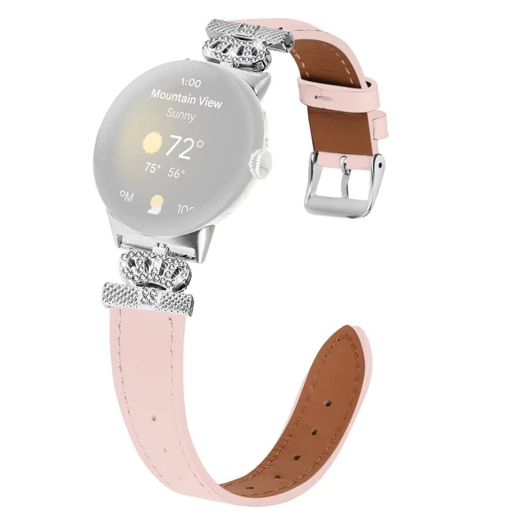 For Google Pixel Watch Soft Genuine Cow Leather Wrist Band Rhinestone Watch Strap (Silver Buckle)